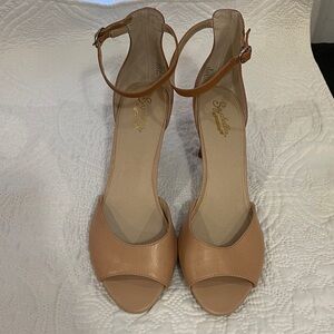 Seychelles Tan Open-Toe Heels with Ankle Strap